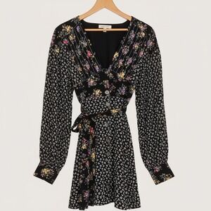 Free People Mixed Floral Print V-Neck Button Front Mini Dress Black Small